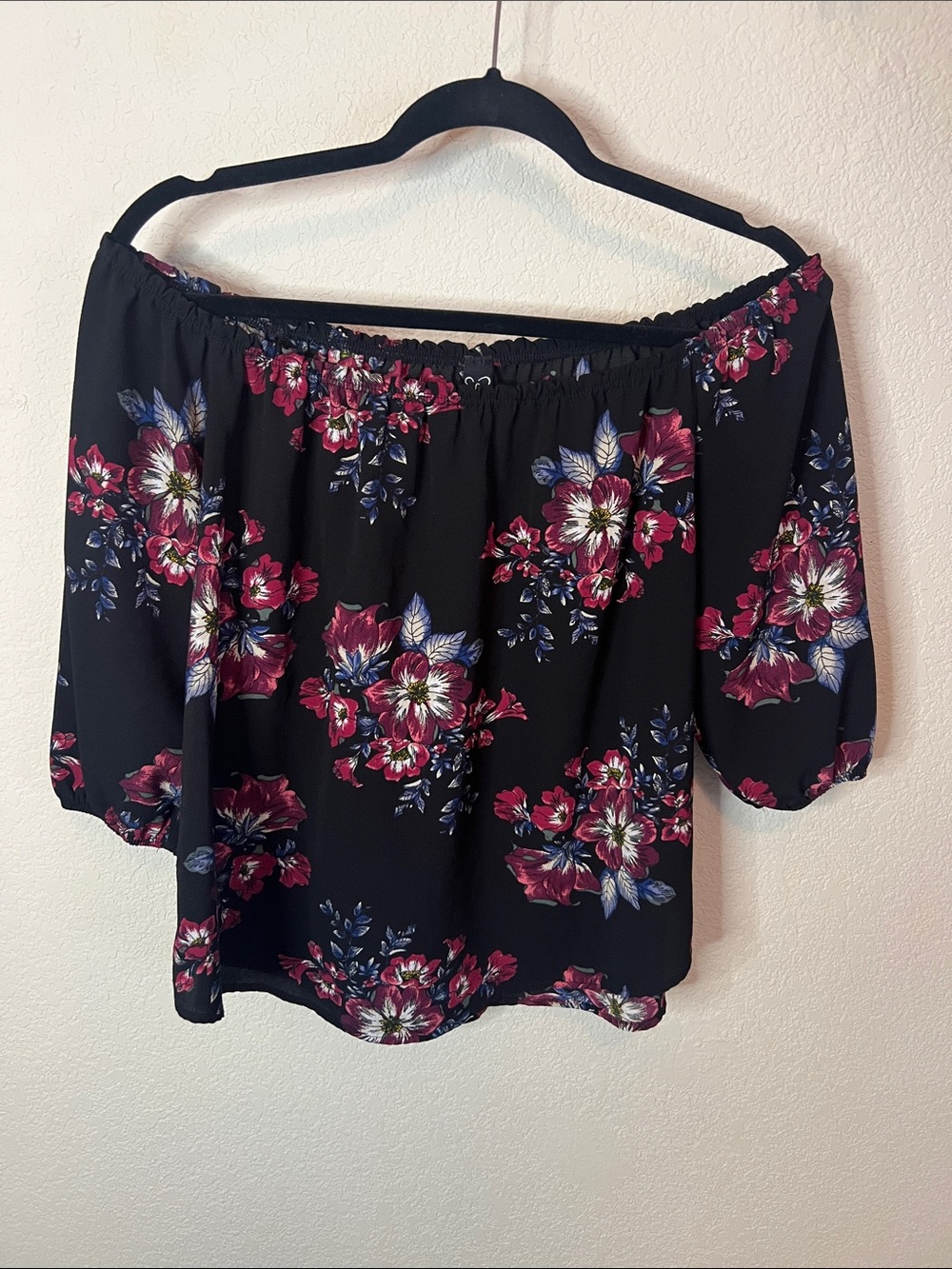 Windsor Black Off-Shoulder Tunic with Pink & Blue Floral Print
